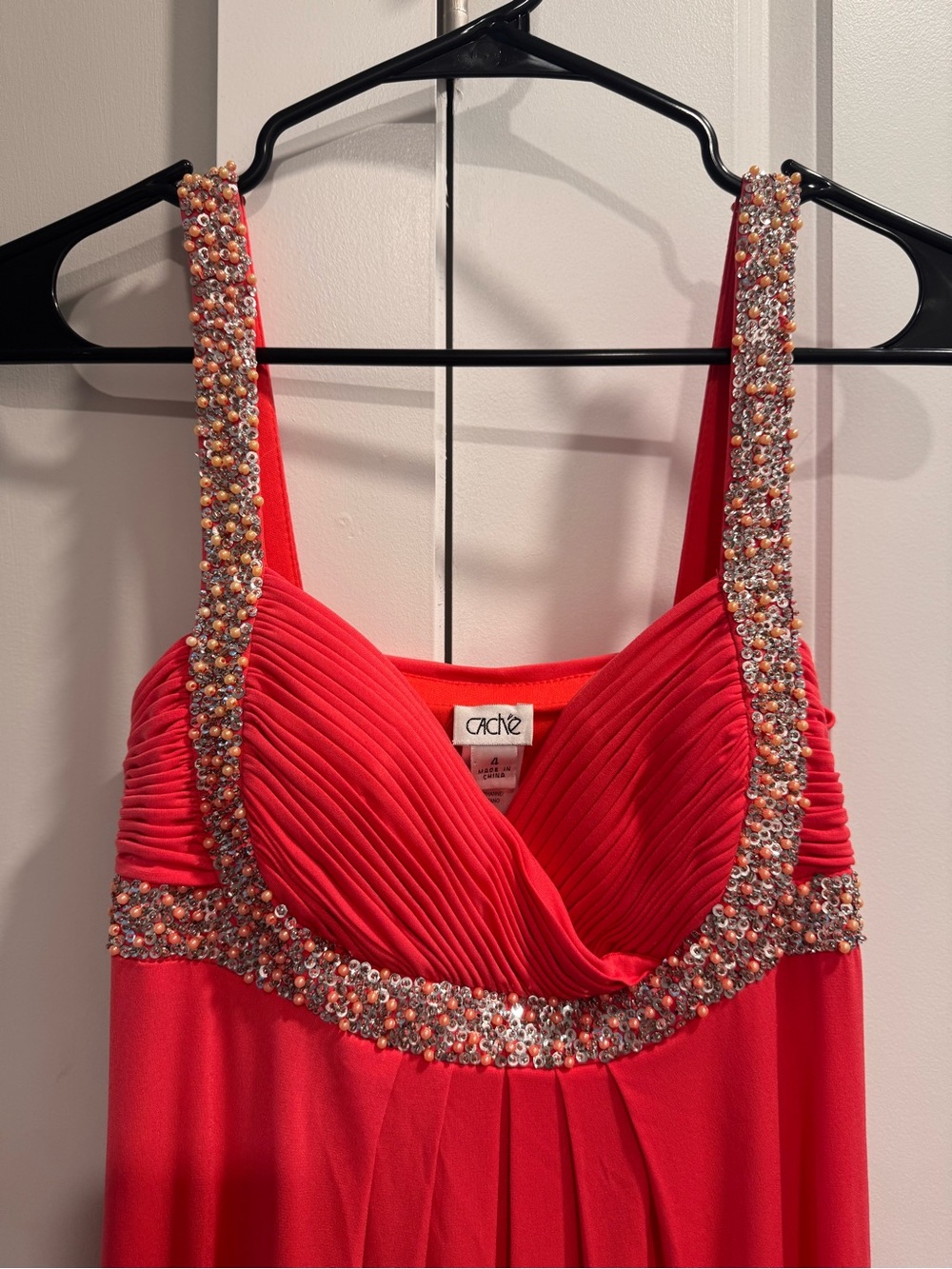 Vintage Y2K CACHÉ Coral Pink Rhinestone Beaded Empire Maxi Gown - Size 4